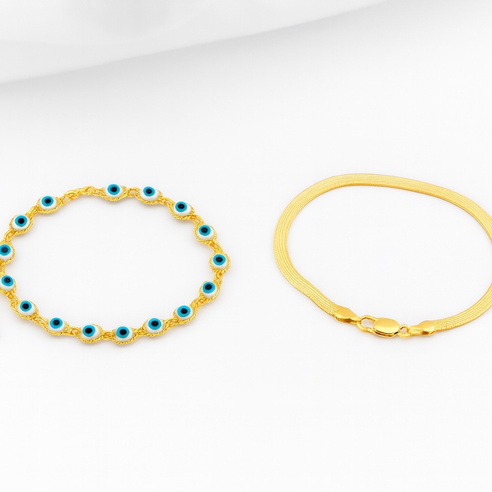 18K Goldfilled Evil Eye Bracelet + Gold Herringbone Bracelet – Set of 2